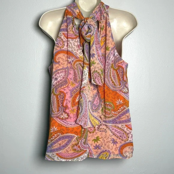 1. State Womens Halter Blouse M Orange Pink Paisley Lined Office Brunch Feminine - Picture 2 of 9